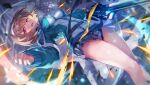  1girl :d aqua_jacket ass_visible_through_thighs aura belt black_belt black_skirt blunt_bangs blurry blurry_background blush breasts brown_hair commentary dutch_angle english_commentary eyelashes feet_out_of_frame female_pervert fingernails fish_hair_ornament floating_hair flying_sweatdrops foreshortening furrowed_brow glint gun hair_between_eyes hair_ornament hairband heart heart-shaped_pupils heaven_burns_red highres holding holding_gun holding_weapon jacket large_breasts light_particles looking_at_viewer medium_hair midair miniskirt multicolored_jacket official_art ooshima_muua open_mouth outdoors outstretched_arms pervert pleated_skirt red_eyes ruins skirt sleeves_past_wrists smile solo symbol-shaped_pupils thighs third-party_source two-tone_jacket upskirt weapon white_hairband white_jacket 