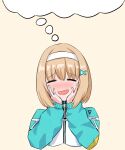  1girl :d ^_^ absurdres aqua_jacket blush brown_hair closed_eyes commentary_request facing_viewer female_pervert fish_hair_ornament furrowed_brow hair_ornament hairband heaven_burns_red highres imagining jacket long_sleeves medium_hair multicolored_jacket nose_blush ooshima_muua open_mouth partial_commentary pervert simple_background smile solo speech_bubble thought_bubble track_jacket tsurugi_hisui two-tone_jacket upper_body white_hairband white_jacket yellow_background zipper 