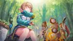  1girl aqua_jacket black_skirt blunt_bangs blurry blurry_background breasts brown_hair campfire closed_eyes closed_mouth commentary convenient_leg cooking day doyagao english_commentary eyelashes feet_out_of_frame fire fish_hair_ornament forest glint grilling hair_between_eyes hair_ornament hairband hands_up heaven_burns_red highres holding holding_knife jacket knife leaf medium_breasts medium_hair miniskirt multicolored_jacket mushroom nature official_art on_rock ooshima_muua open_hand outdoors pleated_skirt rock sitting skirt sleeves_past_wrists smile smug solo sparks thighs third-party_source track_jacket tree two-tone_jacket upskirt v-shaped_eyebrows white_hairband white_jacket 