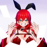  1girl animal_ears arm_tattoo black_bow bow breasts chest_harness cleavage detached_collar dragon_tattoo earrings elly_(bunny)_(vtuber) elly_(vtuber) fake_animal_ears green_eyes hair_between_eyes harness indie_virtual_youtuber jewelry large_breasts leotard long_hair looking_at_viewer playboy_bunny rabbit_ears red_hair red_leotard smile solo tattoo tsukasa12598 virtual_youtuber 
