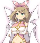  bow breast_hold breasts brown_hair cleavage cleavage_cutout coat cosplay gold_trim green_eyes groin hair_bow hair_ribbon haruka_(pokemon) haruka_(senran_kagura) haruka_(senran_kagura)_(cosplay) huge_breasts labcoat large_breasts lowres namesake navel pokemoa pokemon ribbon senran_kagura short_hair smile solo 