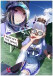  2girls absurdres anger_vein animal_ears black_hair blowing_bubbles blue_sky blunt_bangs bow bowtie breasts brown_hat bubble bubble_pipe cloud collarbone commentary_request ear_bow ears_through_headwear fenomeno_(umamusume) flipped_hair glasses gold_ship_(umamusume) grass grey_hair groucho_glasses hat highres horse_ears horse_girl horse_tail large_breasts long_hair manjo_(warito) multicolored_hair multiple_girls outdoors peaked_cap pillbox_hat pleated_skirt puffy_short_sleeves puffy_sleeves purple_bow purple_bowtie purple_eyes purple_hair purple_shirt sailor_collar sailor_shirt school_uniform shirt short_sleeves sitting skirt sky soap_bubbles summer_uniform tail tracen_school_uniform umamusume white_sailor_collar white_skirt 