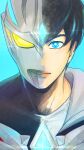  2boys alien black_hair black_jacket black_skin blue_background blue_eyes blue_theme bright_pupils collarbone color_timer colored_skin commentary crystal dorsal_fin dual_persona forehead_jewel giant giant_male glowing glowing_eyes highres hize_yuuma hood hooded_jacket jacket light_rays lips looking_at_viewer male_focus mizunotsuki multicolored_skin multiple_boys no_pupils open_clothes open_jacket portrait red_skin serious shirt short_hair signature silver_skin simple_background sparkle split_theme straight-on tokusatsu ultra_series ultraman_arc ultraman_arc_(series) white_pupils white_shirt yellow_eyes 