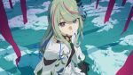  1girl aqua_flower black_shirt black_sleeves blue_streaks capelet choker colored_eyelashes crying crying_with_eyes_open flower gem girls_revolution_project green_gem green_hair hair_ornament highres hinageshi_(girls_revolution_project) ibaraki_shun kamitsubaki_studio leaf_hair_ornament leaf_print long_hair multicolored_hair official_art outdoors pink_streaks prayer_ribbon purple_eyes shirt shorts snow solo streaked_hair swept_bangs tears upper_body virtual_youtuber waist_cape white_capelet white_shorts 