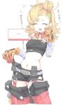  1girl absurdres asymmetrical_bangs black_shorts black_tank_top blonde_hair blush blush_stickers choker closed_eyes colored_eyebrows crop_top cropped_legs crying detached_sleeves gloves goggles goggles_around_neck hair_bun happy_tears highres holding holding_weapon midriff mocamocaink navel open_mouth pants piper_wheel red_choker short_hair shorts single_hair_bun smile solo spikes stomach tank_top tears torn_clothes translation_request unworn_pants weapon white_background wiping_tears zenless_zone_zero 