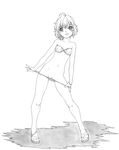  :d ahoge anklet bandaid bandaid_on_pussy bare_shoulders bikini bracelet breasts collarbone flip-flops full_body graphite_(medium) greyscale harumachi_nagaaki jewelry legs monochrome navel open_mouth original sandals short_hair simple_background small_breasts smile solo standing swimsuit traditional_media undressing white_background 