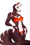  2019 5_fingers anthro black_fur bra breasts canid canine canis clothed clothing digital_media_(artwork) domestic_dog female fur kristiana_puff mammal navel panties red_eyes simple_background solo standing underwear white_background 