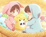  1boy 1girl animal_costume animal_hood basket blue_hood brown_eyes brown_hair closed_mouth commentary_request easter easter_egg egg hood onesie open_mouth pink_hood rabbit_costume rabbit_hood ranma_1/2 saotome_genma_(panda) saotome_ranma saotome_ranma_(male) short_hair smile split_mouth tendou_akane tsukisaka_iro 