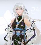  1girl bare_shoulders black_gloves blue_eyes breasts closed_mouth countdown crossed_bangs double-parted_bangs eiyuu_densetsu falling_petals fingerless_gloves floating_hair gloves grey_background hair_between_eyes hand_on_own_hip holding holding_sword holding_weapon jacket jacket_partially_removed katana kuro_no_kiseki_(series) kuro_no_kiseki_i light_smile long_sidelocks looking_at_viewer medium_breasts miche_(locominima) petals shizuna_rem_misurugi sidelocks simple_background snowflake_print snowflake_print_background solo sword twitter_username upper_body weapon white_hair white_petals zooming_in 