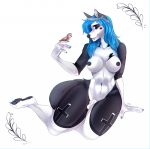  2019 5_fingers ambiguous_gender anthro avian bird blue_eyes blue_hair breasts dickgirl digital_media_(artwork) duo female feral hair intersex kneeling kristiana_puff navel nipples nude pawpads simple_background solo white_background 