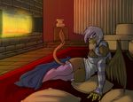  2014 anthro avante92 avian beak bottomless breasts brown_fur cleavage clothed clothing eyewear female fire fireplace friendship_is_magic fur gilda_(mlp) glasses gryphon hair inside legwear long_hair looking_at_viewer my_little_pony pillow pussy room solo stockings wings yellow_eyes 