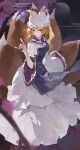  1girl animal_hat artist_name blonde_hair blue_tabard breasts cherry_blossoms closed_mouth dress fox_shadow_puppet fox_tail frilled_dress frills full_body full_moon hat highres kenkxx kitsune long_sleeves looking_at_viewer medium_breasts mob_cap moon multiple_tails short_hair smile solo tabard tail touhou watermark watermark_grid white_dress wide_sleeves yakumo_ran yellow_eyes 