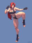  1girl 2024 abs arms_up artist_name black_gloves black_panties breasts cleavage commentary commentary_request fighting_stance fingerless_gloves gloves headband highres jiggeh kira_stryker_(hstrhstrgfd) leg_up lips long_hair looking_to_the_side mma_gloves muscular muscular_female navel nose obliques original panties parted_bangs ponytail red_hair solo sports_bra standing standing_on_one_leg tank_top thick_thighs thighs tight_clothes toeless_socks underwear 