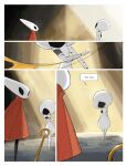 2025 absurd_res anthro arthropod biped black_body black_eyes cloak clothing comic darkdog detailed_background dialogue digital_drawing_(artwork) digital_media_(artwork) duo empty_eyes english_text eyes_closed female female_anthro female_humanoid frustrated hi_res holding_melee_weapon holding_object holding_sword holding_weapon hollow_knight:_silksong hollow_knight_(franchise) hornet's_needle hornet_(hollow_knight) humanoid lace_(hollow_knight:_silksong) looking_at_another melee_weapon mouthless red_cloak red_clothing speech_bubble sword sword_in_ground talking_to_another team_cherry text throwing throwing_sword torn_clothing weapon white_body white_eyes