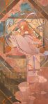  1girl absurdres arknights ball brown_background busiyi_emeng_fanmai_ji chinese_clothes closed_eyes coral_hair_ornament feixianji_(hairstyle) fish frilled_sleeves frills from_side full_body goldfish hair_ornament hair_rings hair_stick hanfu haruka_(arknights) haruka_(stranded_in_utopia)_(arknights) highres long_hair long_sleeves official_alternate_costume orange_hair pointy_ears profile shawl sitting solo temari_ball very_long_hair waves wide_sleeves 