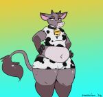 2026 2_horns animal_print anthro belly belly_overhang black_bottomwear black_clothing black_collar black_shirt black_shorts black_topwear bottomwear bovid bovine cattle clothed clothing collar cow_print cow_print_shorts cowbell crop_top dated deep_navel digital_media_(artwork) eyebrows eyelashes femboy fingers flat_colors freckled_legs freckled_shoulders freckled_thighs freckles front_view fur gradient_background grey_body grey_fur half-closed_eyes hands_on_hips hi_res horn looking_at_viewer male mammal moobs mouth_closed multicolored_bottomwear multicolored_clothing multicolored_shirt multicolored_shorts multicolored_topwear narrowed_eyes navel overweight overweight_anthro overweight_male pear-shaped_figure pink_nose portrait shirt shorts signature simple_background snout solo standing tail tail_tuft thick_calves thick_thighs three-quarter_portrait three-quarter_view topwear tuft two_tone_bottomwear two_tone_clothing two_tone_shirt two_tone_shorts two_tone_topwear white_bottomwear white_clothing white_shirt white_shorts white_topwear wide_hips zenonclaw
