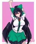  1girl ;) arm_up black_hair blush border bow breasts commentary frilled_skirt frills green_bow green_skirt hair_bow hand_on_own_arm highres kwertydraws long_hair looking_at_viewer one_eye_closed outline pink_background red_eyes reiuji_utsuho shirt short_sleeves signature simple_background skirt smile solo third_eye touhou white_border white_outline white_shirt 