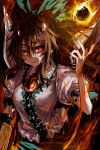  1girl arm_cannon black_suit bow brown_hair commentary ga-006 green_bow hair_bow highres long_hair looking_at_viewer parted_lips red_eyes reiuji_utsuho shirt short_sleeves slit_pupils smile solo suit third_eye touhou upper_body weapon white_shirt 