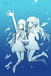 aki_(neyuki41028) hiradaira_chisaki long_hair monochrome mukaido_manaka multiple_girls nagi_no_asukara school_uniform serafuku side_ponytail underwater waving 