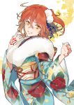  1girl blue_kimono brown_hair eyebrows_visible_through_hair fate/grand_order fate_(series) floral_print fujimaru_ritsuka_(female) fur-trimmed_kimono fur_trim grin hair_between_eyes hair_ornament japanese_clothes kimono long_sleeves looking_at_viewer obi one_side_up print_kimono sash short_hair smile solo takashi_(huzakenna) white_background wide_sleeves yellow_eyes yukata 