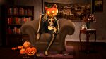 2026 3d_(artwork) absurd_res anthro arm_on_knee book bookshelf breasts carpet digital_media_(artwork) domestic_cat elemental_creature epic_games felid feline felis female floor flora_fauna flower food food_creature for_a_head fortnite fruit full-length_portrait furniture glowing glowing_eyes glowing_mouth gromit_mug hi_res inside jack-o'-lantern living_fruit living_pumpkin looking_at_viewer mammal markings medium_breasts object_head on_model on_sofa picture_frame picture_on_wall plant portrait pumpkin pumpkin_head sitting sitting_on_sofa skeleton_(marking) smile smiling_at_viewer sofa solo source_filmmaker_(artwork) spice_(fortnite) table wood wood_floor zelyonka