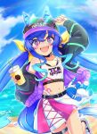  1girl @_@ adjusting_eyewear ahoge animal_ears beach belt black_belt black_jacket blue_eyes blue_hair blue_sky breasts choker cloud crossed_bangs cup disposable_cup drinking_straw ears_through_headwear eyewear_on_headwear hat heterochromia highres holding holding_cup horse_ears horse_girl horse_tail jacket jewelry long_hair long_sleeves looking_at_viewer midriff monmonmur multicolored_hair navel necklace ocean open_clothes open_jacket open_mouth outdoors purple_eyes rainbow sharp_teeth sidelocks skirt sky small_breasts smile solo star-shaped_eyewear star_(symbol) stuffed_animal stuffed_rabbit stuffed_toy tail tank_top teeth thigh_strap tinted_eyewear twin_turbo_(umamusume) twintails umamusume water white_tank_top 