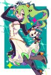  1girl :d arm_up black_bridal_gauntlets blue_background blush boots border bridal_gauntlets commentary_request commission double-parted_bangs dress drop_shadow full_body green_hair grey_boots hair_between_eyes hand_up high_heel_boots high_heels highres honoca6190 long_hair looking_at_viewer open_mouth original outline outside_border ponytail skeb_commission smile solo sparkle standing standing_on_one_leg white_border white_dress white_outline yellow_eyes 