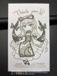  1girl 2026 artist_name breasts closed_mouth commentary_request dress frilled_dress frilled_sleeves frills gap_(touhou) hair_ribbon hat hat_ribbon large_breasts long_hair long_sleeves looking_at_viewer photo_(medium) ribbon s.mamiya shoes sitting smile solo tabard thank_you touhou traditional_media very_long_hair watermark wide_sleeves yakumo_yukari yin_yang yin_yang_print 