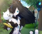  1girl 3d :d animal_ears animal_print armbar artist_name black_hair blender_(medium) blue_eyes blue_sky blurry blurry_background body_markings building cat cat_(nyanko_daisensou) cat_ears cat_girl cat_print cloud cloudy_sky colored_skin commentary dark_kasli_(nyanko_daisensou) day english_commentary floating_hair hair_over_one_eye hand_on_own_hip hand_up highres holding holding_ticket kasli_(nyanko_daisensou) long_hair looking_at_viewer miraclecherryblossom navel nyanko_daisensou open_mouth outdoors parted_bangs reddit_username sky smile staff stomach tank_cat_(nyanko_daisensou) ticket tree upper_body watermark white_skin 