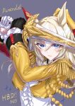  1girl absurdres aiguillette animal_ears asymmetrical_gloves asymmetrical_jacket blonde_hair blue_eyes blush bodysuit breasts character_name commentary_request durandal_(chevalier_fidele)_(umamusume) durandal_(umamusume) ear_covers epaulettes fourragere frilled_bodysuit gloves hair_between_eyes highres holding holding_sword holding_weapon horse_ears horse_girl jacket long_hair looking_at_viewer medium_breasts mismatched_gloves multicolored_hair parted_lips single_ear_cover solo sword two-tone_hair umamusume upper_body weapon white_bodysuit white_gloves white_hair yellow_jacket yuki6238 