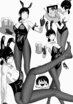  1girl 1other ^_^ alcohol animal_ear_hairband animal_ears armband beer beer_mug black_hair bow bowtie breasts chainsaw_man closed_eyes cloudbuster_104 cup detached_collar fake_animal_ears fishnet_pantyhose fishnets from_above from_side gloves greyscale grin hairband hand_up highleg highleg_leotard highres holding holding_cup holding_tray index_finger_raised leotard long_legs looking_at_viewer looking_to_the_side medium_breasts mitaka_asa monochrome mug multiple_views oversized_breast_cup pantyhose petting playboy_bunny pochita_(chainsaw_man) rabbit_ears simple_background smile tray white_background wrist_cuffs 
