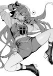  1girl arm_up black_gloves block_heels braid commentary full_body furen_e_lustario gloves greyscale hand_up heart high_heels highres idol_clothes invisible_floor layered_shirt long_hair looking_at_viewer lying monochrome nijisanji nijisanji_idol_uniform official_alternate_costume on_back open_mouth short_sleeves shorts side_braid smile socks solo spoken_heart spread_legs tanaka_ahiru very_long_hair virtual_youtuber wavy_hair white_background wide_spread_legs wrist_cuffs 