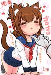 =_= admiral_(kantai_collection) all_fours animal_ears artist_name black_legwear blush brown_hair cat_ears cat_tail chin_tickle closed_eyes folded_ponytail heart inazuma_(kantai_collection) kantai_collection kemonomimi_mode lee_(colt) nanodesu_(phrase) out_of_frame school_uniform serafuku short_hair solo_focus tail translated whiskers 