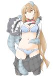  1girl akara_kai black_thighhighs blue_bra blue_panties blush bra breasts brown_eyes brown_hair commentary_request enemy_naval_mine_(kancolle) hair_between_eyes hair_ornament hairclip highres imminent_rape jacket kantai_collection kneeling long_hair low_twintails navel panties shirt skirt tashkent_(kancolle) thighhighs twintails underwear undressing white_background 