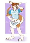  anthro blush claws clothing diaper dracky english_text eyebrows fur hair kangaroo male mammal marsupial penis shirt simple_background standing text toe_claws 