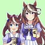  2girls animal_ears blue_eyes blush bow bowtie breasts brown_hair closed_mouth collarbone commentary_request cup disposable_cup earrings hair_between_eyes highres holding holding_cup horse_ears horse_girl jewelry long_hair looking_at_viewer medium_breasts mottarerati_zu multicolored_hair multiple_girls open_mouth pleated_skirt ponytail puffy_short_sleeves puffy_sleeves purple_bow purple_bowtie purple_eyes purple_shirt sailor_collar sailor_shirt school_uniform shirt short_sleeves simple_background skirt small_breasts smile streaked_hair symboli_rudolf_(umamusume) tokai_teio_(umamusume) tracen_school_uniform two-tone_hair umamusume white_hair white_sailor_collar white_skirt 