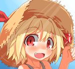  blonde_hair fang hair_ribbon hat hecchi_(blanch) open_mouth red_eyes ribbon rumia short_hair smile solo touhou 