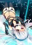  animal_ears bad_id bad_pixiv_id black_gloves elbow_gloves eyepatch fox_ears fox_tail gloves headphones long_hair looking_at_viewer lying navel open_mouth original p19 purple_eyes silver_hair solo tail very_long_hair 