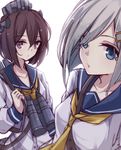  berukko binoculars blue_eyes brown_eyes brown_hair dress hair_over_one_eye hamakaze_(kantai_collection) headgear kantai_collection long_sleeves looking_at_viewer multiple_girls neckerchief sailor_collar sailor_dress school_uniform serafuku short_hair silver_hair yellow_neckwear yukikaze_(kantai_collection) 