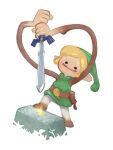  1boy black_eyes blonde_hair commentary ditto english_commentary green_tunic holding holding_sword holding_weapon link long_arms male_focus master_sword open_mouth pokemon psuede short_hair simple_background solo super_smash_bros. sword the_legend_of_zelda transformed_ditto tunic weapon white_background 