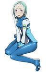  1girl bodysuit breasts eureka eureka_seven_(series) eureka_seven_ao green_hair highres ice_place legs looking_at_viewer open_mouth purple_eyes simple_background sitting small_breasts solo sweat thighs white_background 