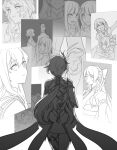  1girl absurdres amyucheu back bronya_zaychik bronya_zaychik_(wolf's_dawn) cheng_lixue china_dress chinese_clothes commentary_request dress fu_hua fu_hua_(phoenix) fuxi_(honkai_impact) greyscale hair_ornament highres holographic_interface honkai_(series) honkai_impact_3rd long_hair monochrome murata_himeko murata_himeko_(vermillion_knight) nuwa_(honkai_impact) ponytail simple_background solo theresa_apocalypse theresa_apocalypse_(valkyrie_pledge) white_background 
