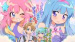  1boy 3girls :d ? artist_name backpack bag bare_shoulders black_bag blue_background blue_eyes blue_eyeshadow blue_flower blue_hair blue_jacket blunt_bangs blush blush_stickers bow bowtie breasts brown_hair character_name child cleavage clenched_hands collared_shirt comedic_sweatdrop commentary_request compato_lilly dot_nose dual_persona eyeshadow flower gem gloves gradient_background grid_background hair_ornament hairband hand_up highres hood hood_down idol idol_clothes jacket large_breasts long_hair looking_at_another looking_at_viewer looking_to_the_side mahou_no_shimai_lulutto_lilly makeup mashu_lulu megahack morning_glory multicolored_jacket multiple_girls nonoyama_fuu nonoyama_rui open_clothes open_jacket outline parted_bangs parted_lips pink_background pink_bow pink_bowtie pink_eyeshadow pink_flower pink_gem pink_hair pink_hairband purple_background purple_eyes purple_gloves salute seo_shota shirt single_blush_sticker sleeveless smile sparkle star_(symbol) star_hair_ornament straight_hair sweat translation_request two-tone_jacket upper_body v-shaped_eyebrows wavy_hair white_mouth white_outline white_shirt yellow_jacket zipper_pull_tab 