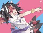  1girl arrow_print black_hair blue_background blush commentary_request cone_horns hair_between_eyes horns kijin_seija looking_at_viewer medium_hair minoru_minoru multicolored_hair open_mouth pink_background puffy_short_sleeves puffy_sleeves red_eyes red_streaks sharp_teeth short_sleeves small_horns smile solo streaked_hair teeth tongue tongue_out touhou two-tone_background upper_teeth_only white_horns white_streaks 