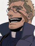  1boy alexander_anderson blonde_hair coat crazy_laugh glasses hellsing highres male_focus priest sashimi_oran scar scar_on_face spiked_hair 