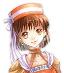  atelier_(series) atelier_elie brown_eyes brown_hair closed_mouth earrings elfir_traum face hat jewelry kanrito_misaki lowres orange_hat short_hair smile solo very_short_hair white_background 