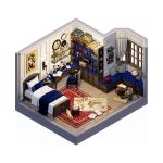  3d bed book bookshelf chair clock commentary compass_(instrument) corded_phone curtains desk_lamp english_commentary flower globe highres hourglass indoors isometric lamp map_(object) no_humans original phone pillow radio rug scissors typewriter wall_clock yesterdays_visual 