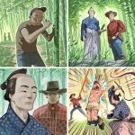  3boys bald bamboo bamboo_forest beard_stubble carving clothes_pull cowboy cowboy_hat facial_hair forest george_alexopoulos hair_bun hat highres holding holding_knife holding_sheath holding_whip holster katana knife multiple_boys nature original outdoors pants pants_pull ponytail samurai sheath shorts stubble sword teeth told_you_not_to_do_that topknot topless_male vandalism weapon whip whipping 