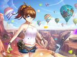  aircraft airplane bare_shoulders belt blue_eyes bow bracelet brown_hair canyon cloud day glasses hair_bow hot_air_balloon jewelry jurrig long_hair original ponytail river shorts sky smile solo 
