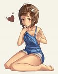  aozarigani bad_id bad_nicoseiga_id bangs bare_legs barefoot blunt_bangs blush brown_eyes brown_hair collarbone finger_to_mouth heart naked_overalls original overalls short_hair sitting smile solo wariza 